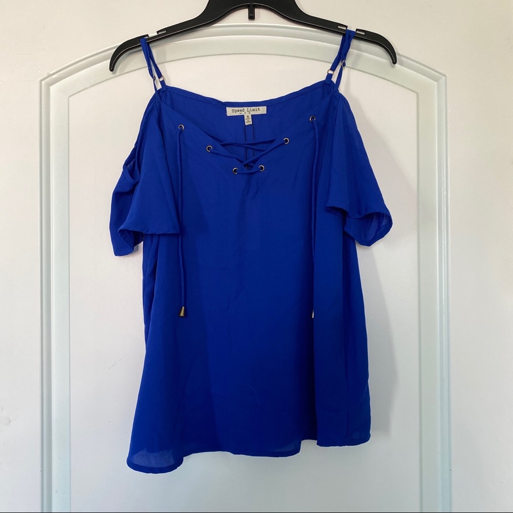 Speed Limit MPH Lace Up Chest Cold Shoulder Blue Short Sleeves Top Women Size S